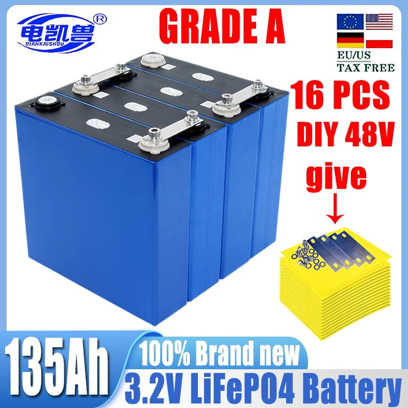 

16pcs new 3.2v 135Ah lifepo4 Rechargeable Battery DIY 12v 24v 36v cycle package ldp lithium cell lithium iron phosphate TAX FREE