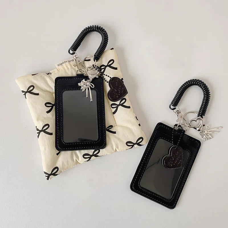 Cute Silver Kitten Keychain Pendant Kpop Photo Card Holder Spring Coil Key Ring Black PU Leather Bag Key Chain Charm Accessories