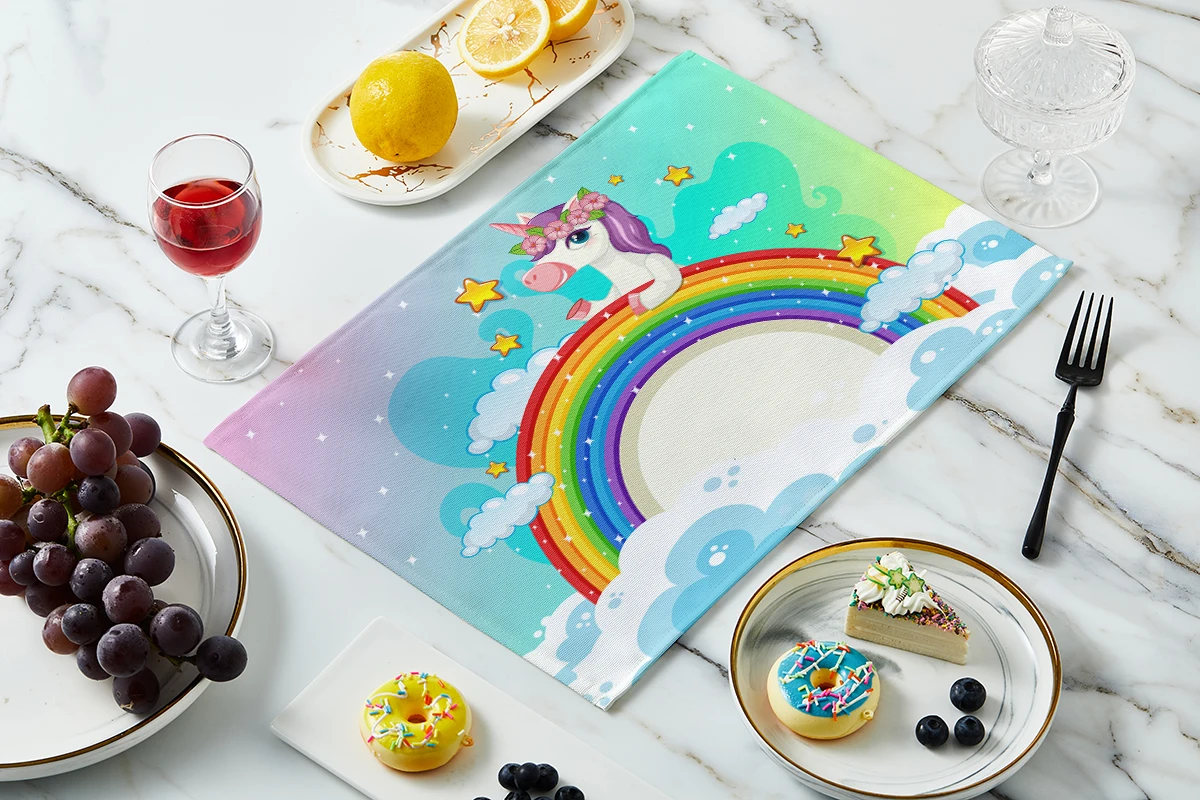Cartoon Unicorn Dining Tablemat Washable Kitchen Bar Table Decoration Heat-Resistant Wine Glass Plate Pad Kids Cute Placemat view 4