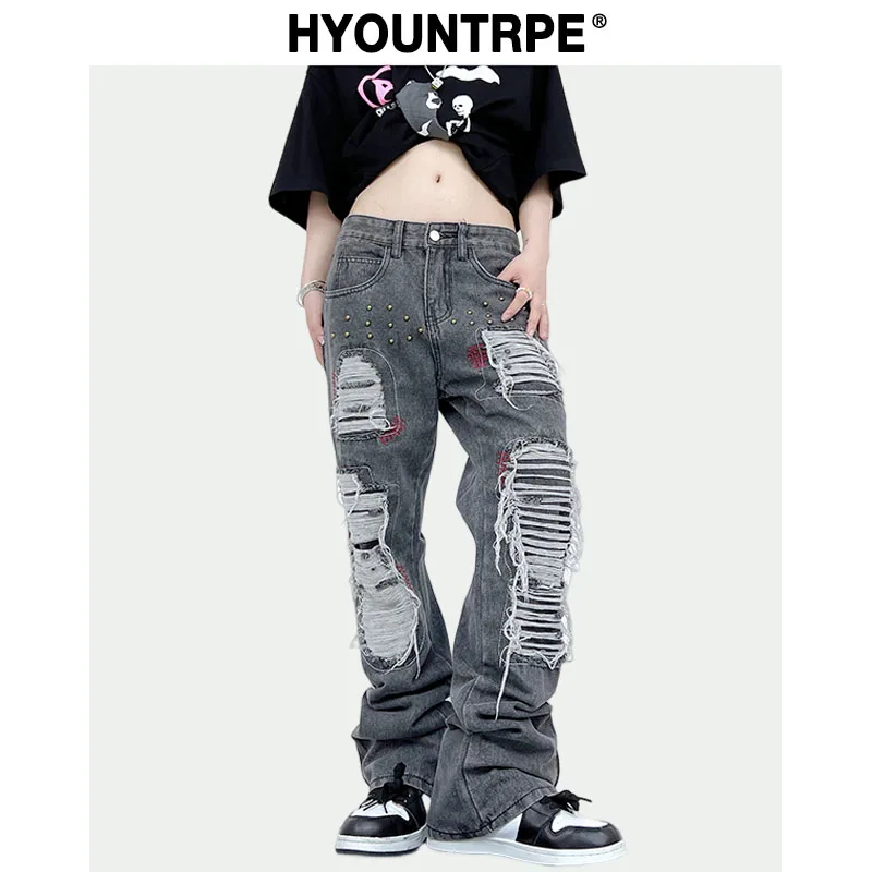 Destroy Ripped Holes Patchwork Denim Jeans Men Unisex Casual Rivet Bottom Zipper Trousers Jeans Streetwear Hip Hop Pants Joggers