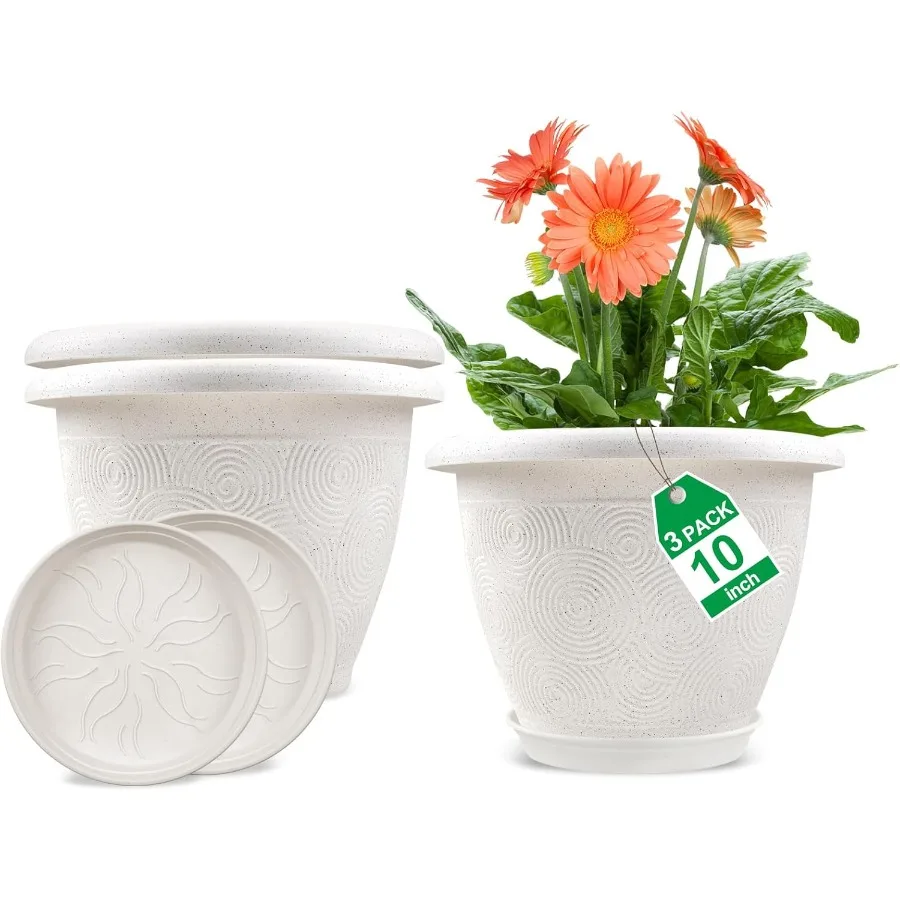 

Современные декоративные большие пластиковые цветочные горшки с дренажным отверстием и подносом для комнатных и уличных растений, 3 упаковки, 10-дюймовые белые горшки
