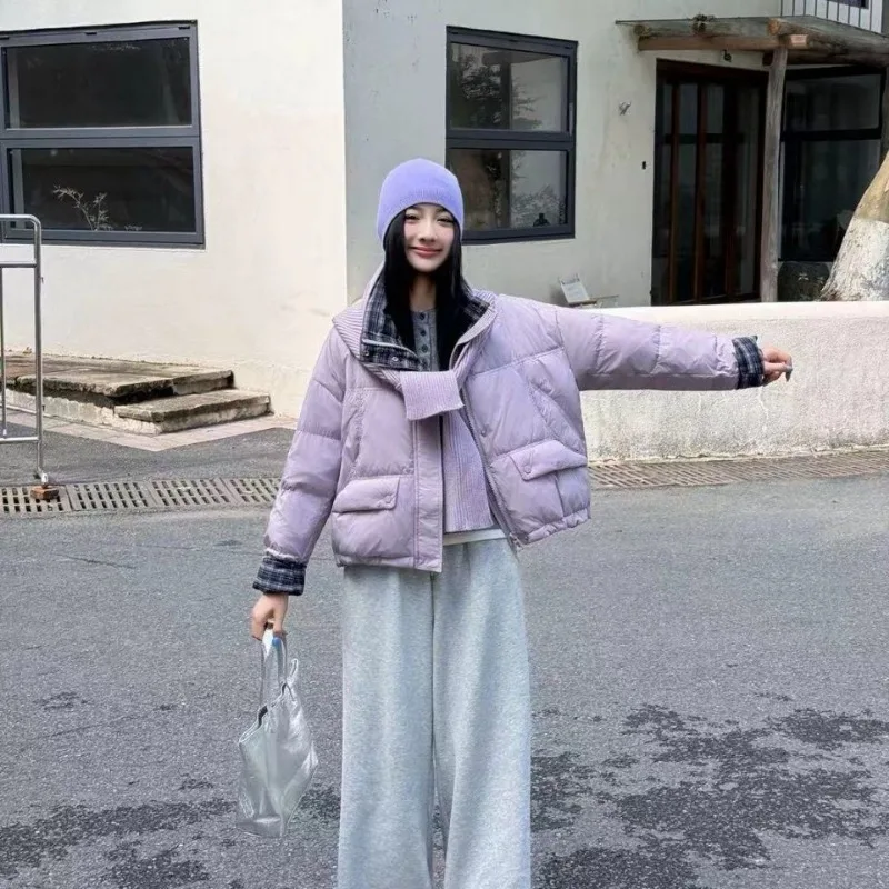 New Down Jacket Warm Stand Collar Patchwork Plaid Cuffs Women's White Duck Down Coat Short Knit Scarf Hat Thick Loose Outerwear