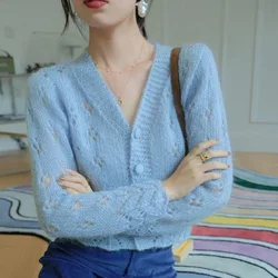 Pink Mesh Ladies Sweaters Cardigan Crop Short Blue V-neck Knitted Top for Women Winter Button Cute Kawaii Cashmere Trend 2024