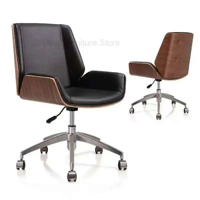 Computer Swivel Office Bentwood Chair Mid-Back PU Leather Office Furniture For Home,Conference Mid Century Adjustable Armchair