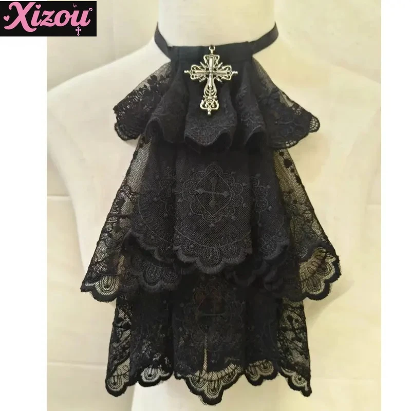 

Кружевное полотенце ручной работы с крестом и слюной, темный воротник с галстуком, аксессуары в стиле Лолиты, готический косплей, многослойный съемный воротник с оборками для женщин