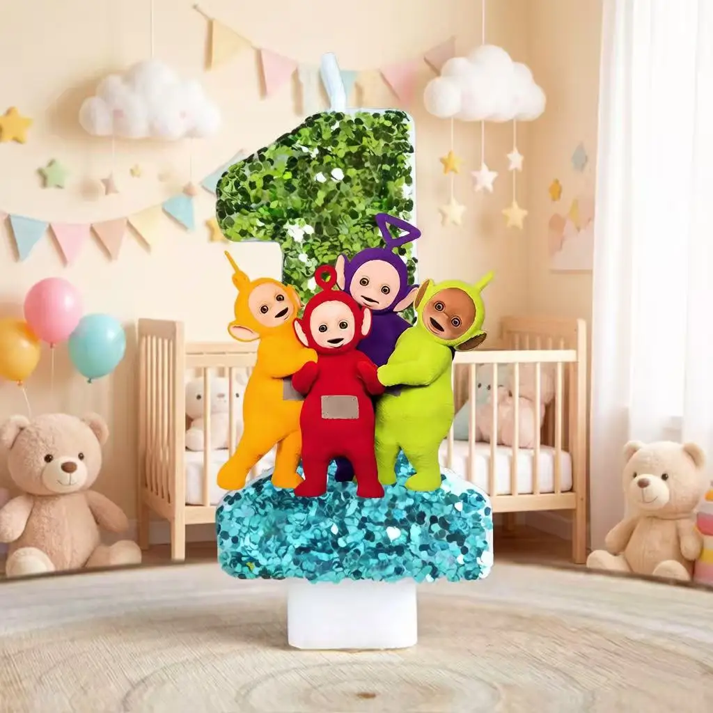 

Teletubbies Themed Glitter Number Birthday Candle Four Color Accent Digit Pick for Children Toddler Birthday Cake Topper
