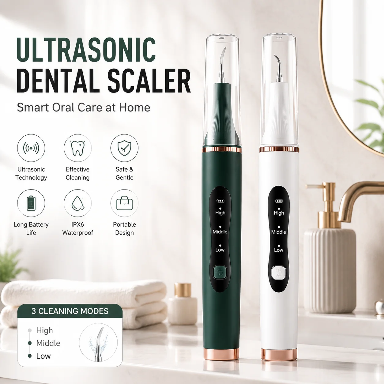 Portable Ultrasonic Dental Scaler Electric Tooth Cleaner Rechargeable Oral Care Tool with LCD Display 3 Cleaning Modes