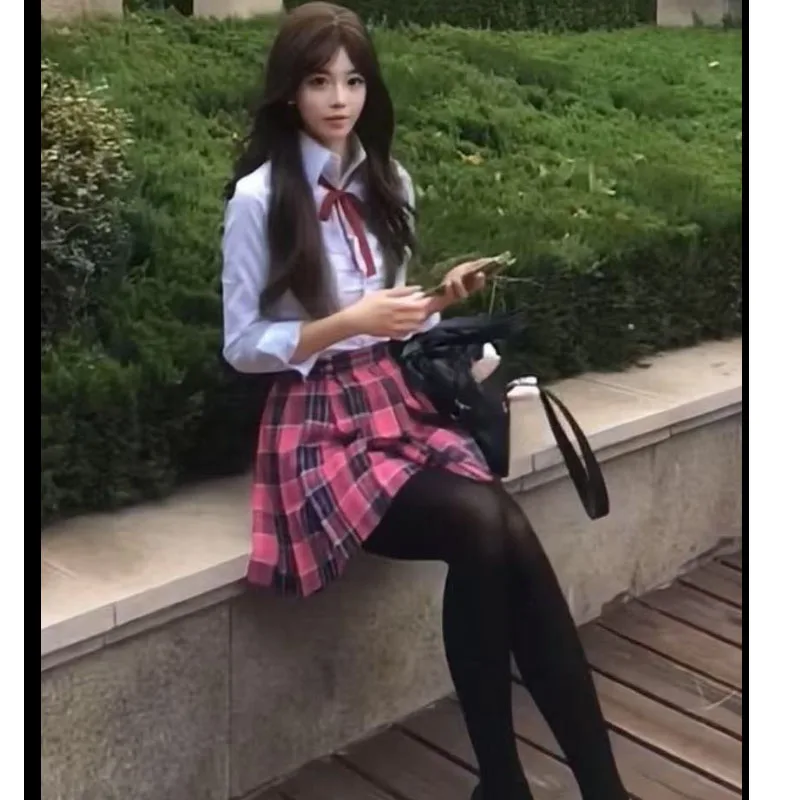 Oversize Cross-dressing Jk Uniform Y2k White Long Sleeved Shirt Pink Pleated Skirt Bow Slim Fit Sissy COS Japanese-style