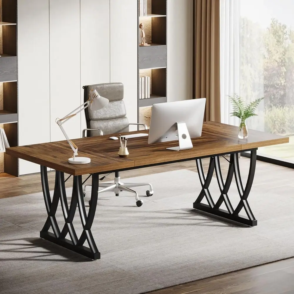 

Письменный стол 70.86 Executive Desk — просторный компьютерный стол для домашнего офиса с металлическим каркасом, в стиле ретро, коричневый и черный.