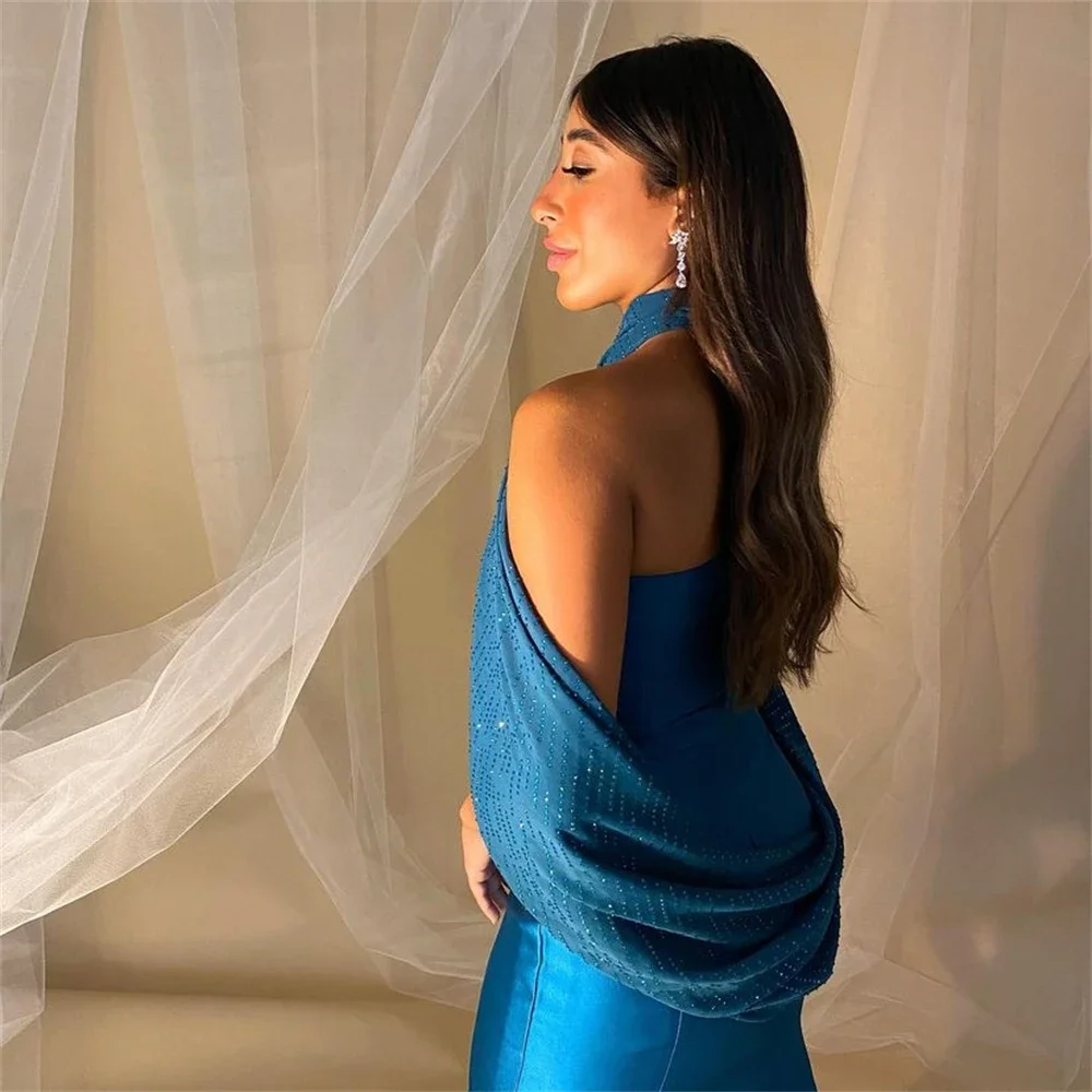 Vestidos de baile personalizados moda halter sereia vestido de festa até o chão cruz frisada vestidos de noite formais فستانphp onderkus