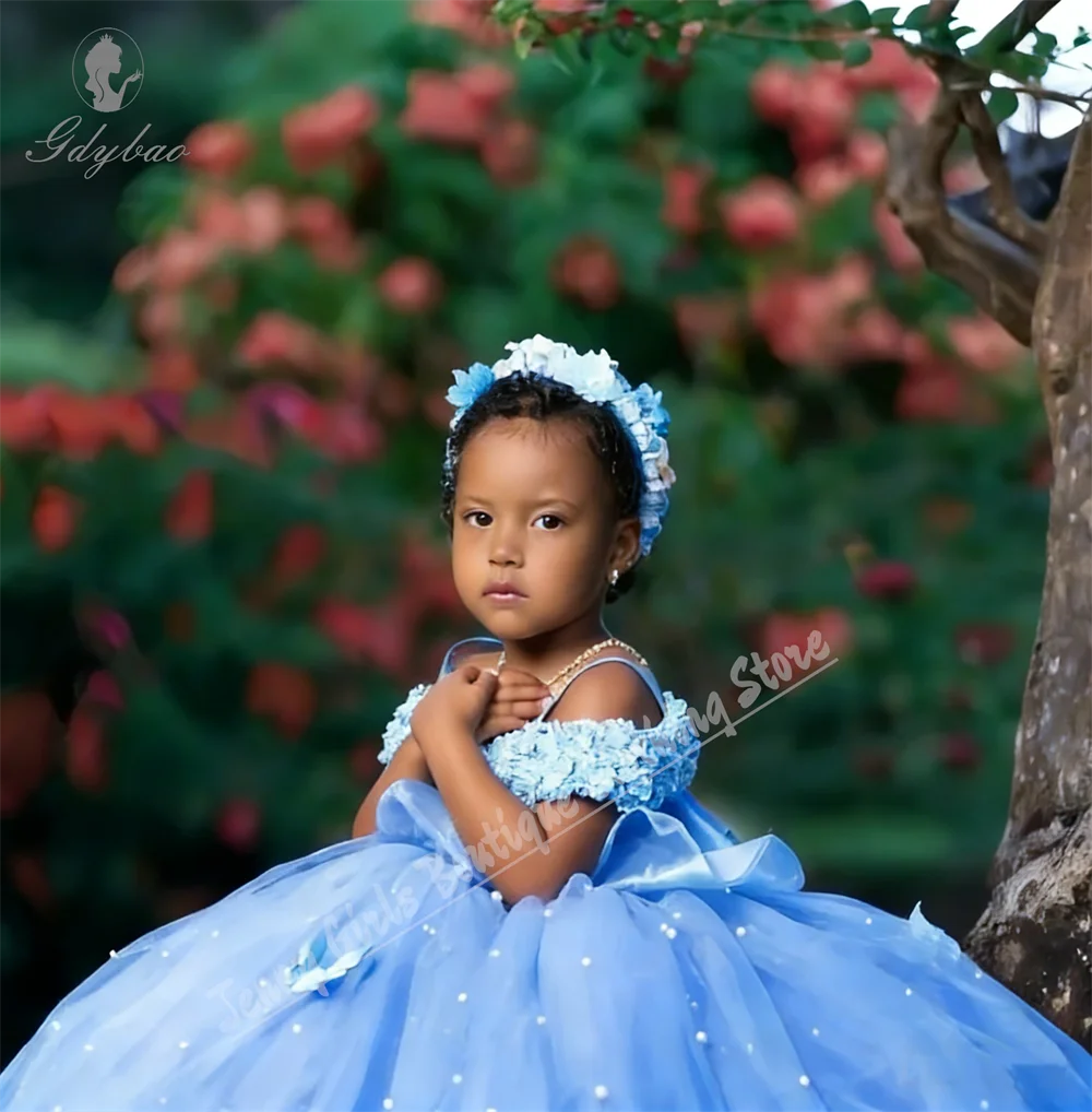 Adorable Light Blue Flower Girl Dress With White Pearl Decorations And Thin Straps Suitable For Weddings Parties Photo Shoots