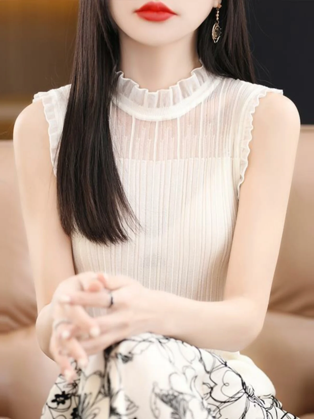 Faionable Lace Trim Colete Feminino Outono Inverno Me ter Ne Base irt Gola Falsa Renda Interior Svel Top