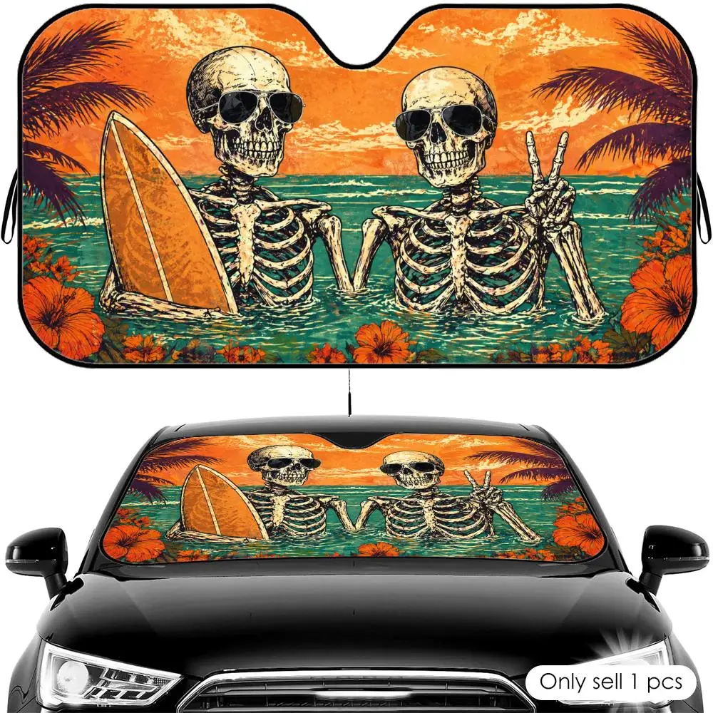 

Skeleton Ocean Vacation Sun Visor Car Front Windshield Shade UV Block Heat Shield Foldable Universal Fit Cover