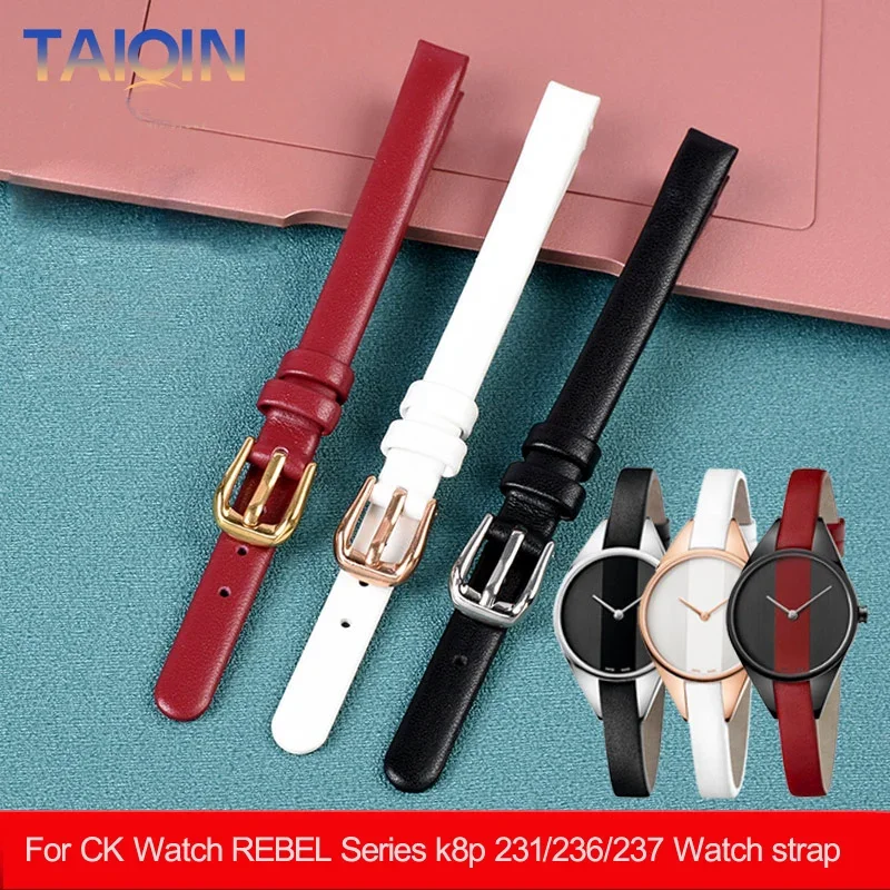 For  CK Genuine Leather  Women\'s Strap Rebel Rebel Series K8P 231 K8P 236/237 Red Black White  leather watch strap 8mm