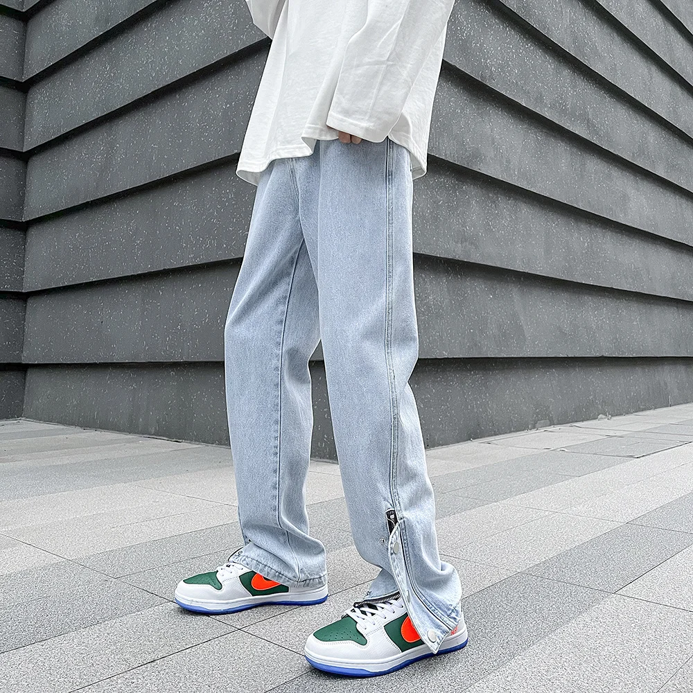 

New Design Male Jeans Pants Wide Ankle Slits Hip Hop Baggy Flared Black Denim Trousers Oversize Streetwear Clothing Man