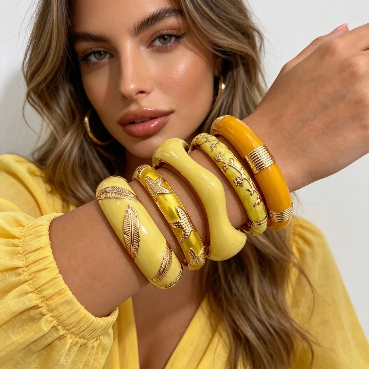 Modische Gelbe Emaille-Manschettenarmbänder für Damen und Herren, Retro-Stil mit Ast-, Wellen-, Stern-, Blatt-, Blumen- und Bambus-Motiven, Armschmuck – Detail 16