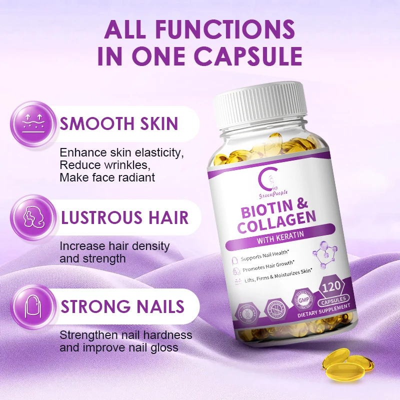 Biotin and Collagen Supplement Capsule with Complex Vitamin B1, B2, B6, B12 ,phosphorus Helps Enhance Healthy Hair, Skin, Nails