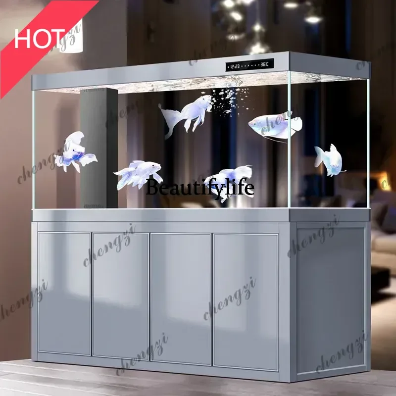 Living room, large arowana tank, screen partition, filter against the bottom of the wall, circulating aquarium, no water change