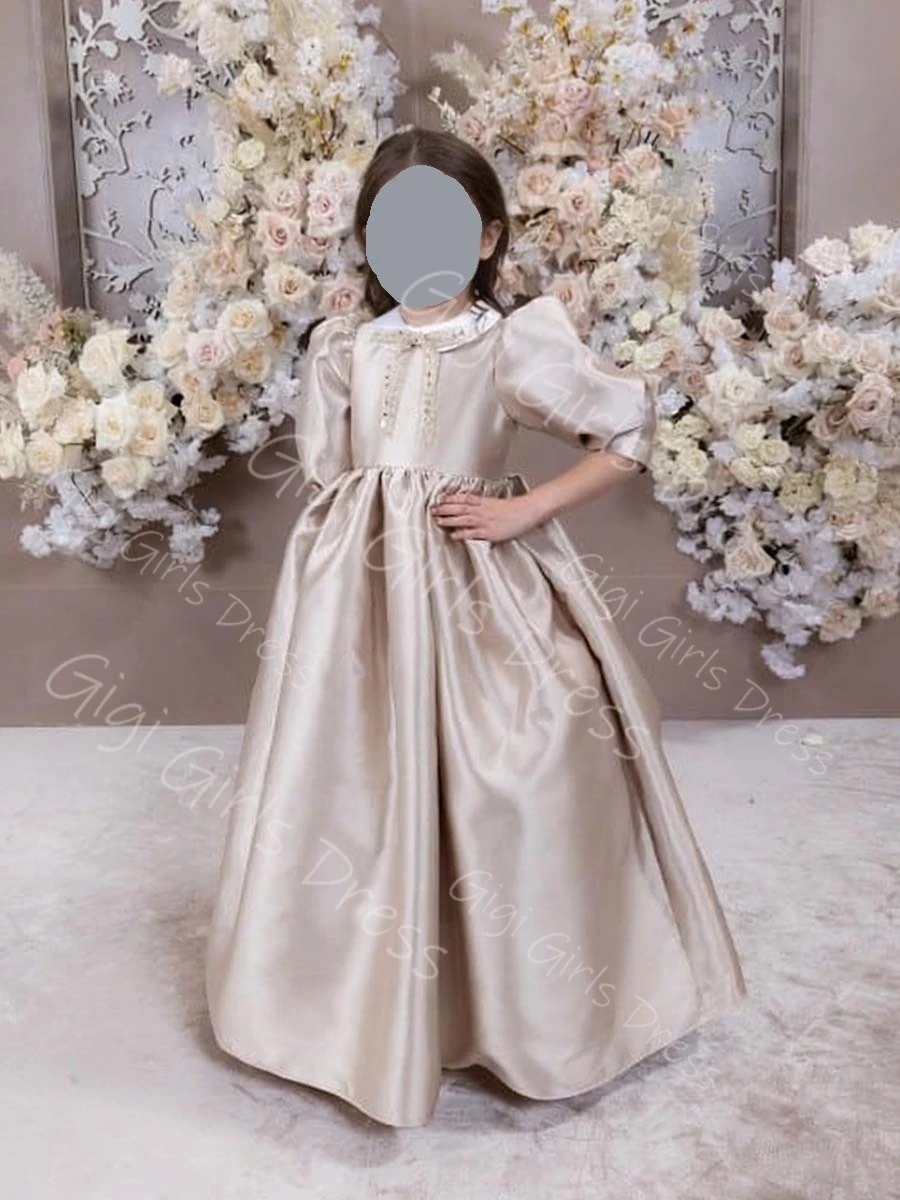 

Элегантное платье для первого причастия цвета шампань с бисерным бантом, вырезом-лодочкой, пышными рукавами, плиссированное атласное бальное платье для девочки-цветочницы, на заказ