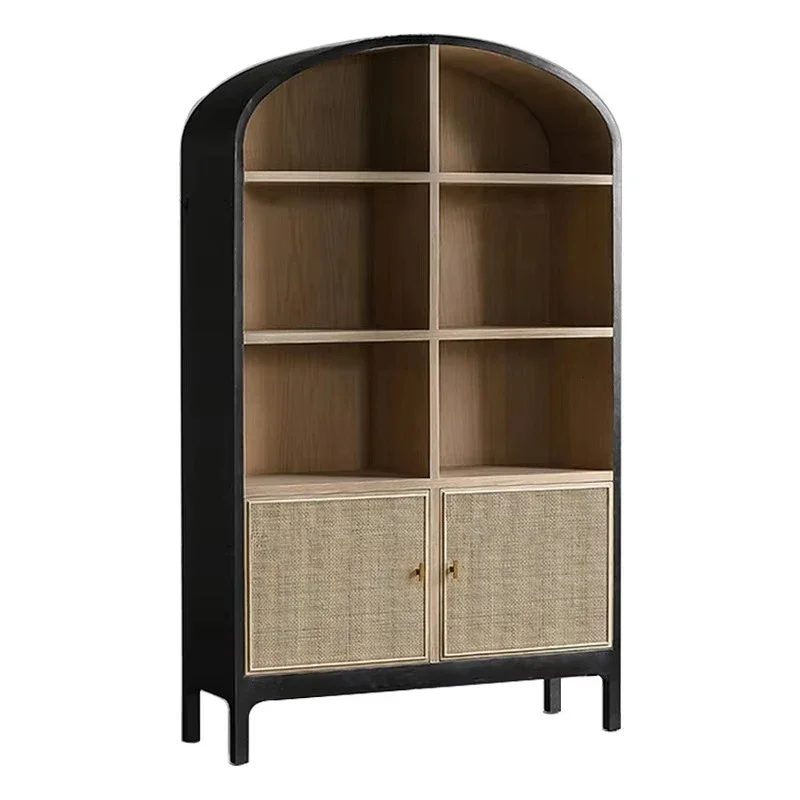 Solid wood bookcase living room rattan door arch decorative display cabinet French vintage floor storage cabinet
