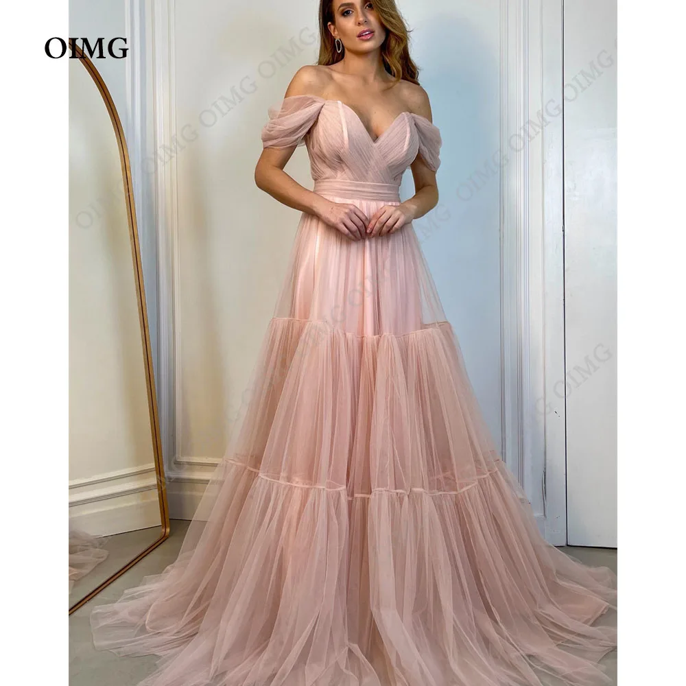 

OIMG Light Pink Long Evening Dress Gowns Ruched A LineTulle Sweetheart Off Shoulder Prom Dresses Floor Length Vestidos De Gala