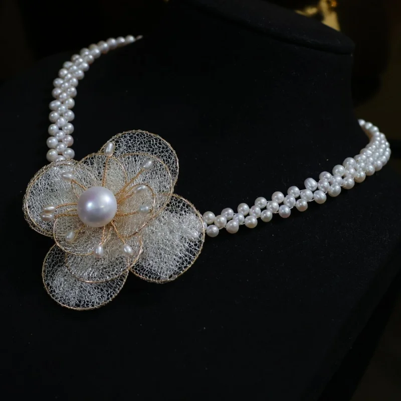 

SGARIT Knitting Pearl Jewelry DIY 5cm Flower Lace 3-4mm 14k Filled Gold Natural Freshwater Pearl Chocker Necklace Jewellery