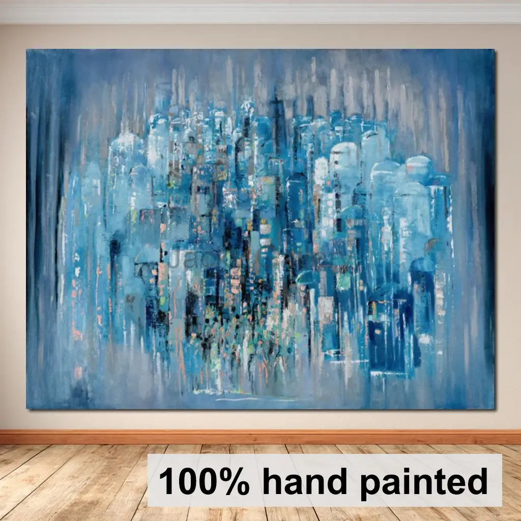 Blue Old Jerusalem City Modern Textured Canvas Oil Paintings Handmade Abstract Landscape Wall Art Bedroom Study Room Decor