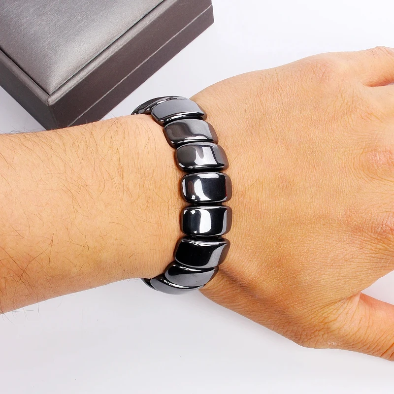 New Square Hematite Healing Bracelets for Women Men Polished Stone Slab Bead for Strength & Grounding Stretch-fit Unisex Jewelry