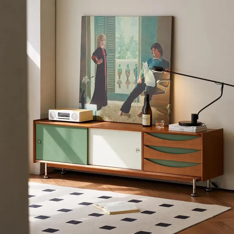 Medieval Color Matching TV Cabinet Storage Locker Integrated Living Room Household Small Apartment Solid Wood Retro Bauhaus