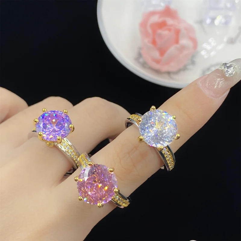 

5 Carat Two-tone Electroplated Six-claw Simple Elegant Purple Lithium Pink White Zircon Open Ring for Women