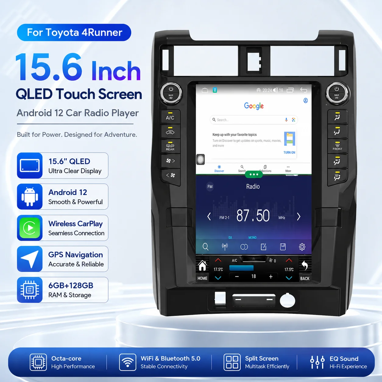 15.6 Inch QLED Touch Screen Android 12 Car Radio Player with GPS Navigation Wireless Carplay 6GB RAM 128GB Storage for Toyota 4R