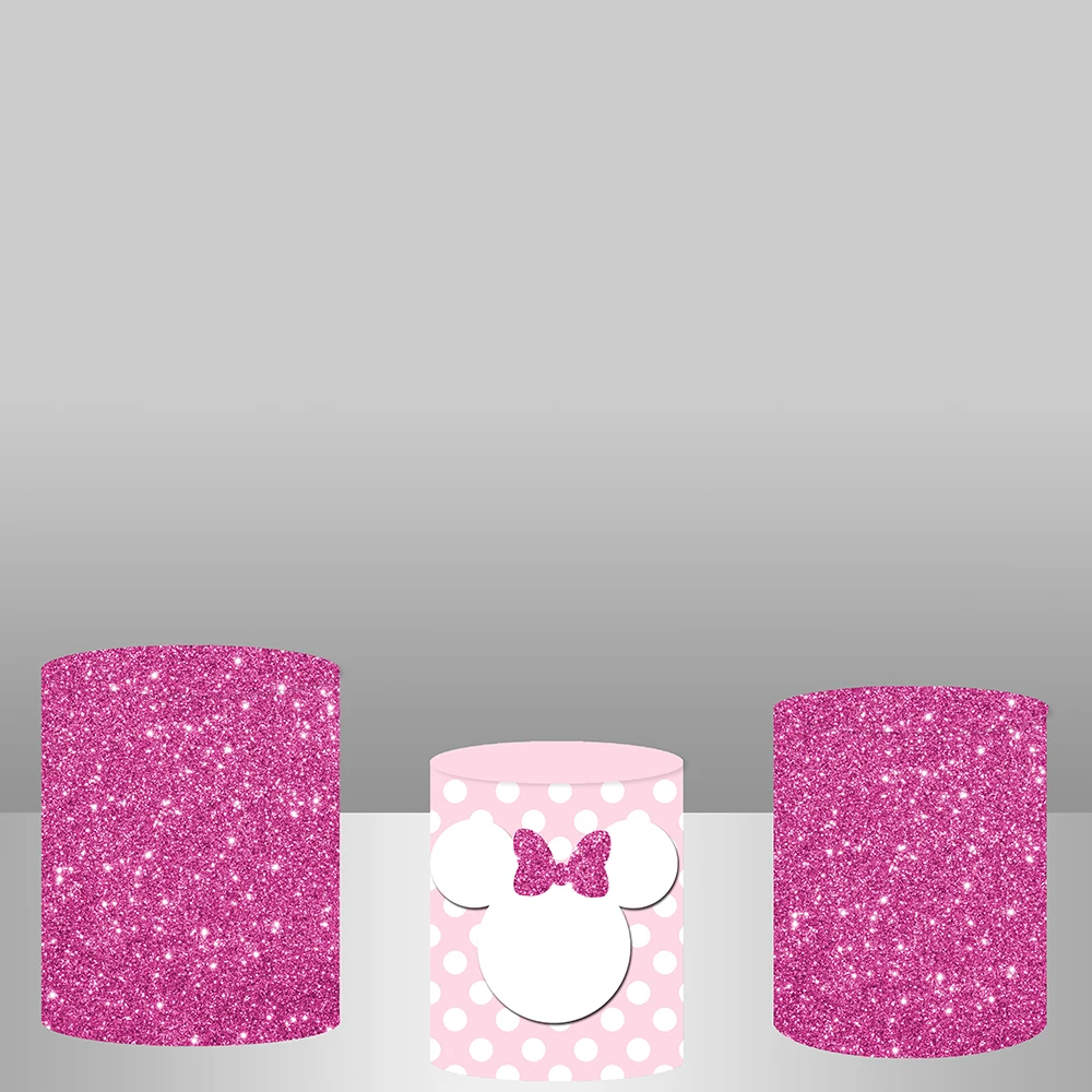 Glitter Rosa Girl First Birthday Round Circle Backdrops Cover Photography Background Minnie Mouse theme Plinth Cylinder Covers