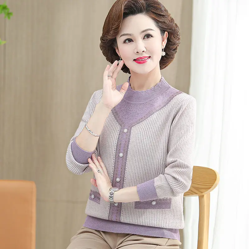 Middle Aged Mother Wearing Western-Style Knitted Top 2024 Spring Autumn New Item For Middle-Aged And Elderly Women's Clothing