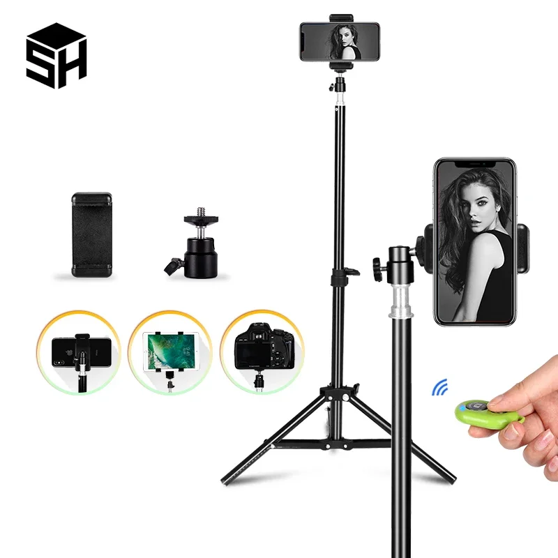 Support lumineux pour téléphone avec clip, contrôleur Bluetooth, trépieds selfie 100/150/200cm, support en aluminium, trépied pour appareil photo numérique