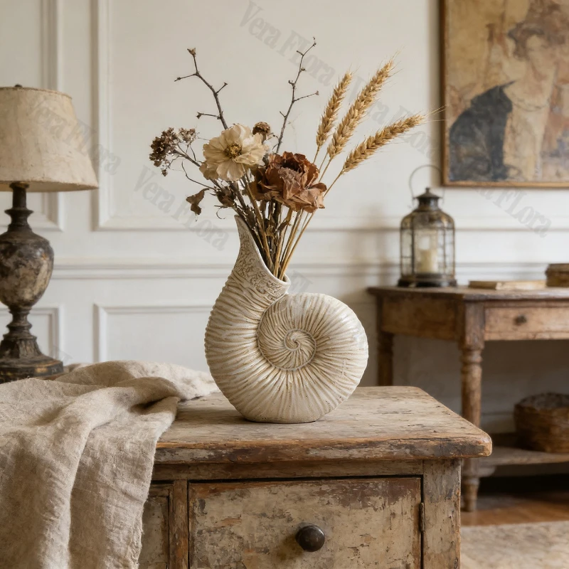 Nordic Style Conch Shaped Ceramic Vase Artistic Flower Planter Wabi Sabi Style Retro Creative Home Decoration Simple Vase