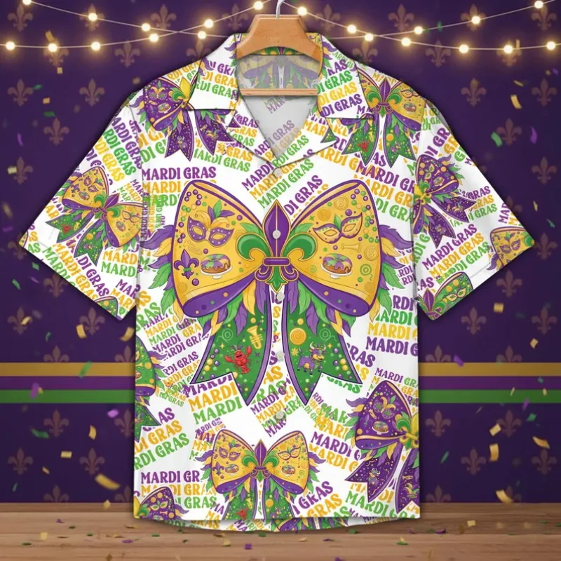 

Гавайская рубашка Марди Гра для мужчин, яркая маска и лента с принтом, костюм Fat Tuesday для мужчин и женщин, пляжные рубашки с короткими рукавами