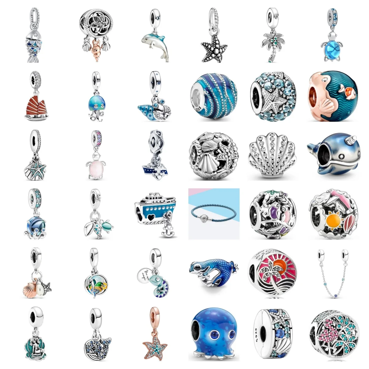 Fine 925 Silver Plated Blue Series Fish shell Turtle Dreamcatcher Pandora Fit Original Bracelets Women DIY Jewelry Gift Dangle