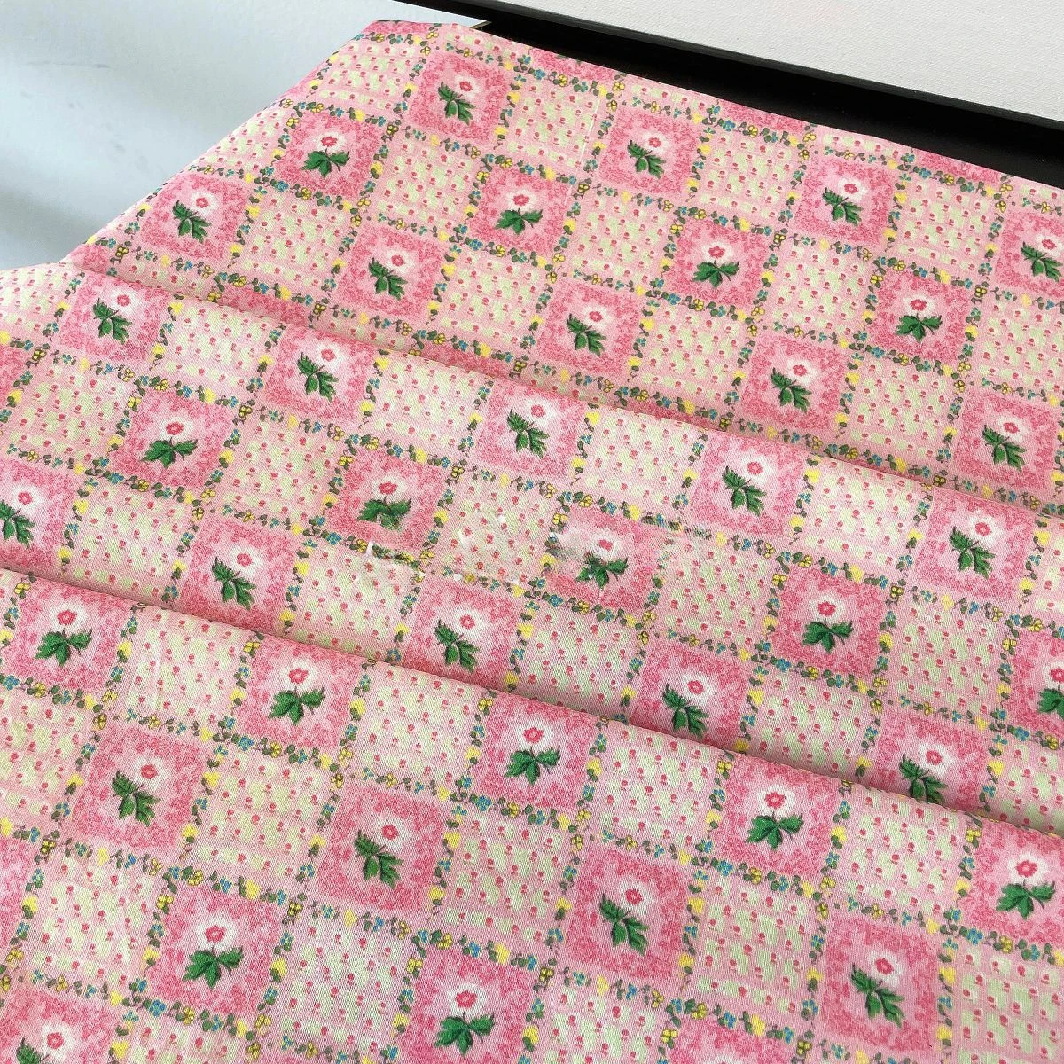 145x50cm Artistic and Fresh Pink Checkered Floral Fabric Japanese and Korean Style Half Meter Dress Clothing DIY Materials