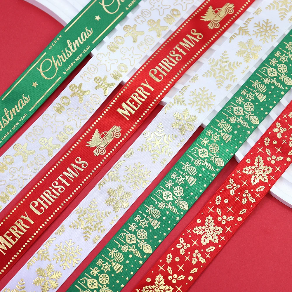 1'' 25mm Gold Merry Christmas Snowflake Gingerbread Man Satin Ribbons For Party Gift DIY Wrapping Handmade Home Decoration