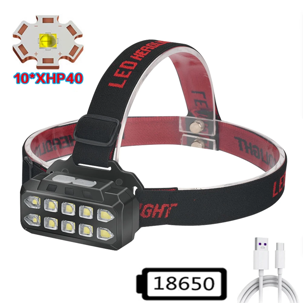 Powerful XHP40 Headlight 6LED 10LED USB Rechargeable Headlight Emergency Head Flashlight Waterproof Camping Fishing Lights