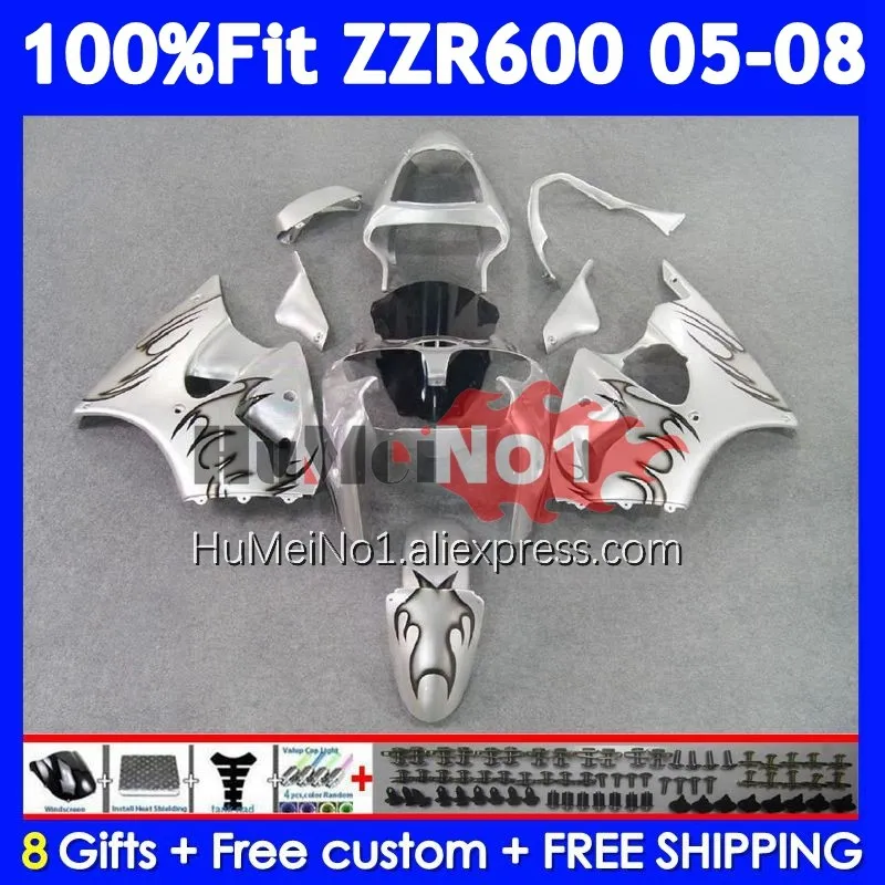 Injection Body For KAWASAKI NINJA ZZR-600 ZZR 600 CC 204No.78 silvery black ZZR600 05 06 07 08 2005 2006 2007 2008 OEM Fairings