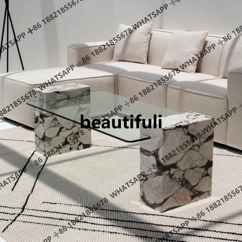 

Natural marble glass coffee table living room square coffee table light luxury Italian tea table