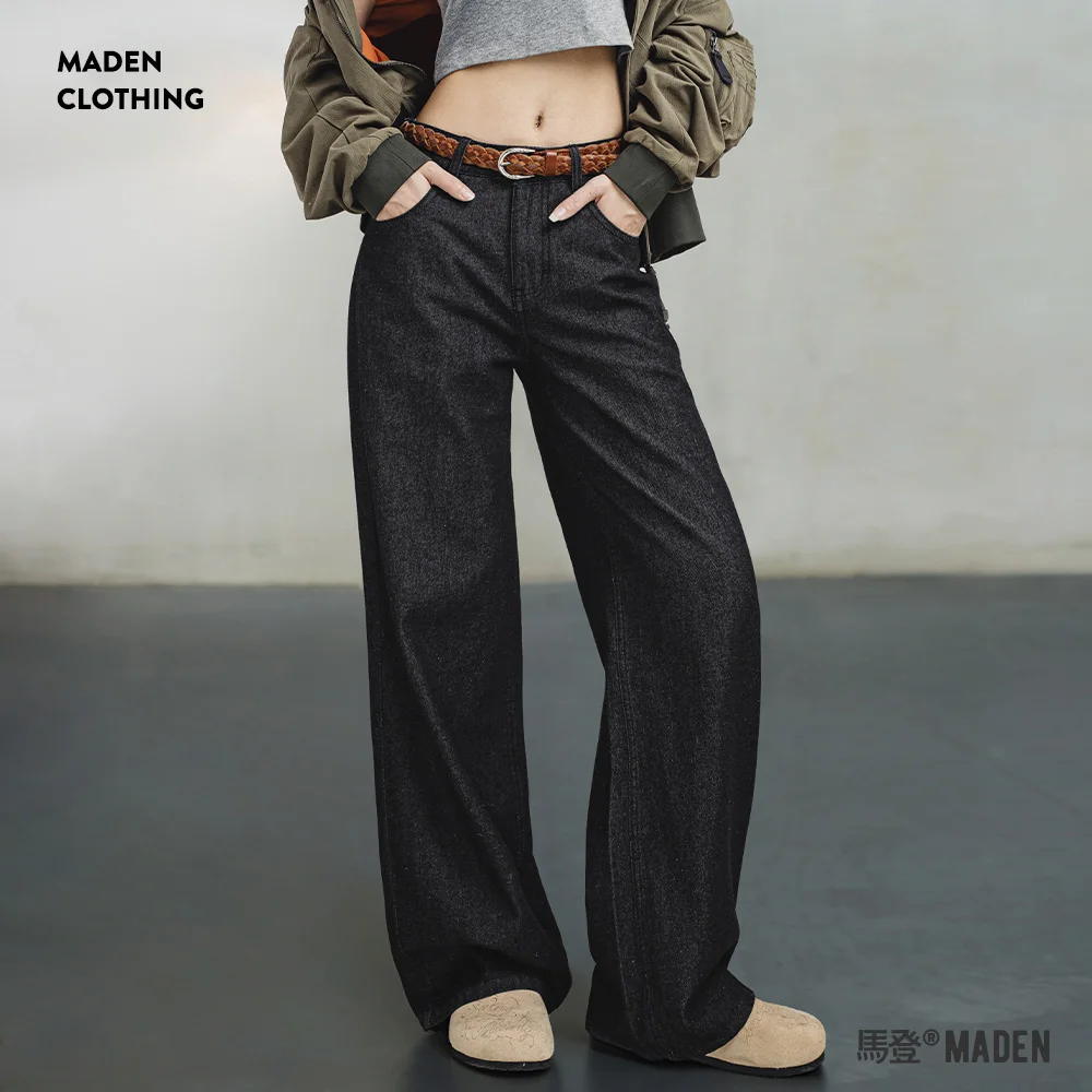 Maden Retro Black Jeans Straight Casual Loose Fit Pants Versatile for Women's Spring and Autumn Zipper Street Wear Trousers