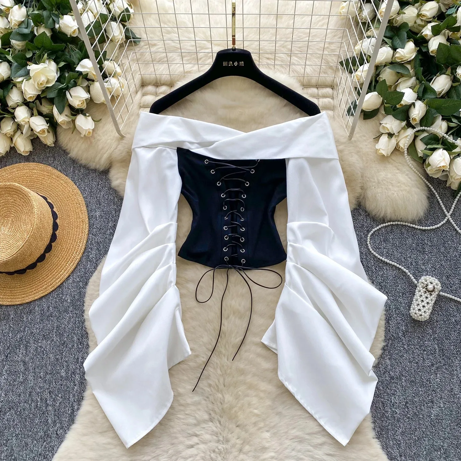 

Vintage Off Shoulder Women Blouses Bandage Design Long Sleeve Slim Fashion Tops 2025 Trend Elegant Versatile Shirts