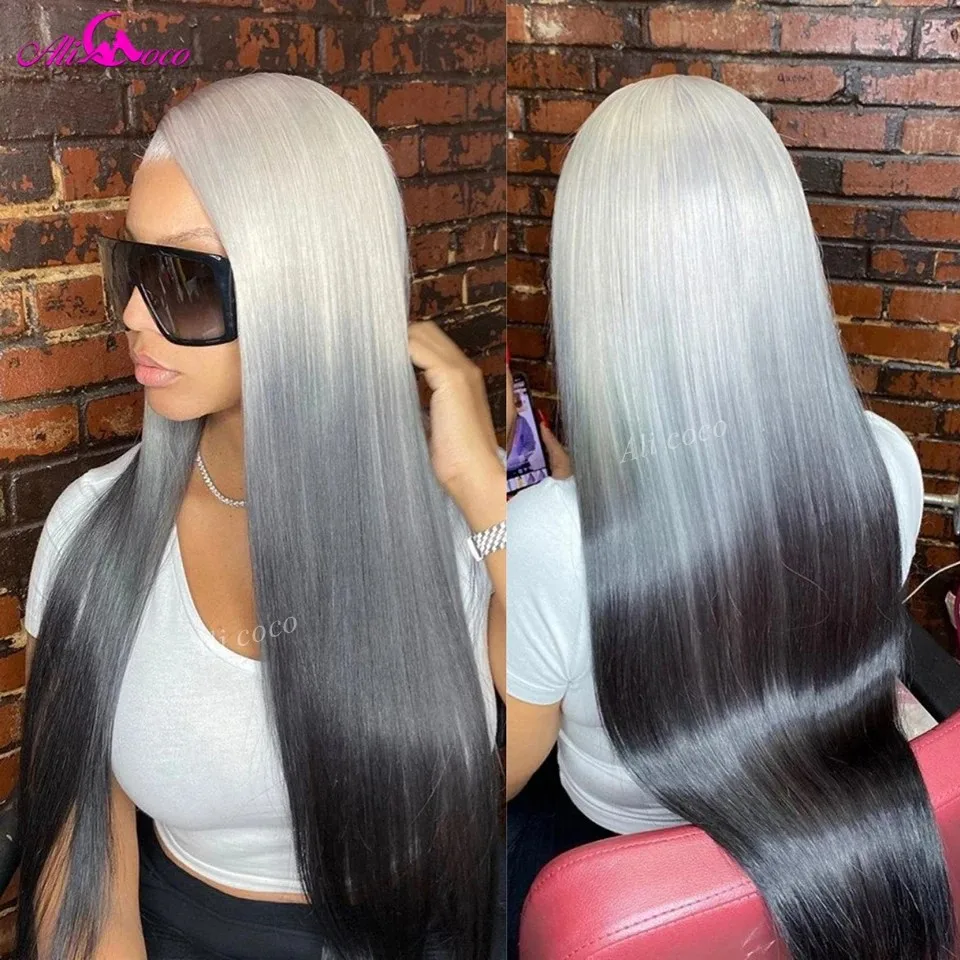 Ombre Grey Black 13x6 Lace Front Wigs Transparent Lace Straight Wigs 613 Colored Human Hair Wigs Remy Hair For Black Women