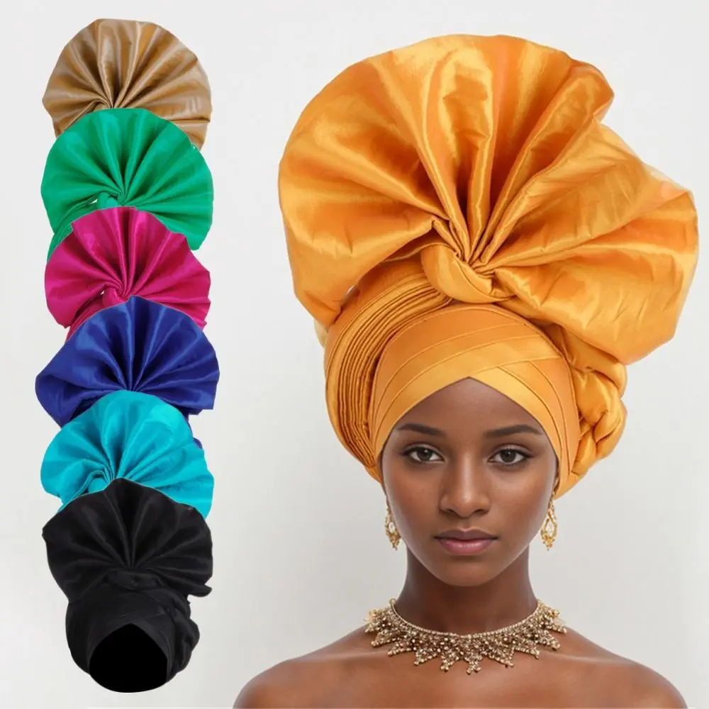 

Adjustable Turban Cap New Nigeria Raw Silk Polyester Party Head Wraps Female Headbands