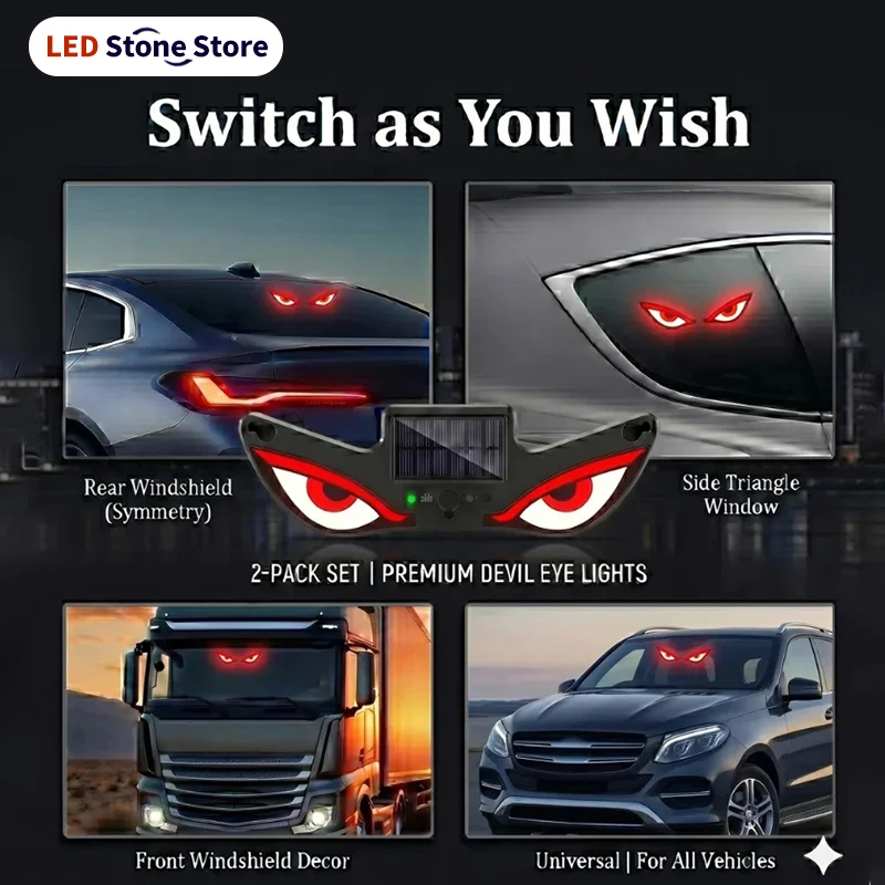 Cool DEMON EYE Ambient Light Solar Powered Breathing Neon Light Car Decoration Rear Windshield Atmosphere Lights Car Accessories