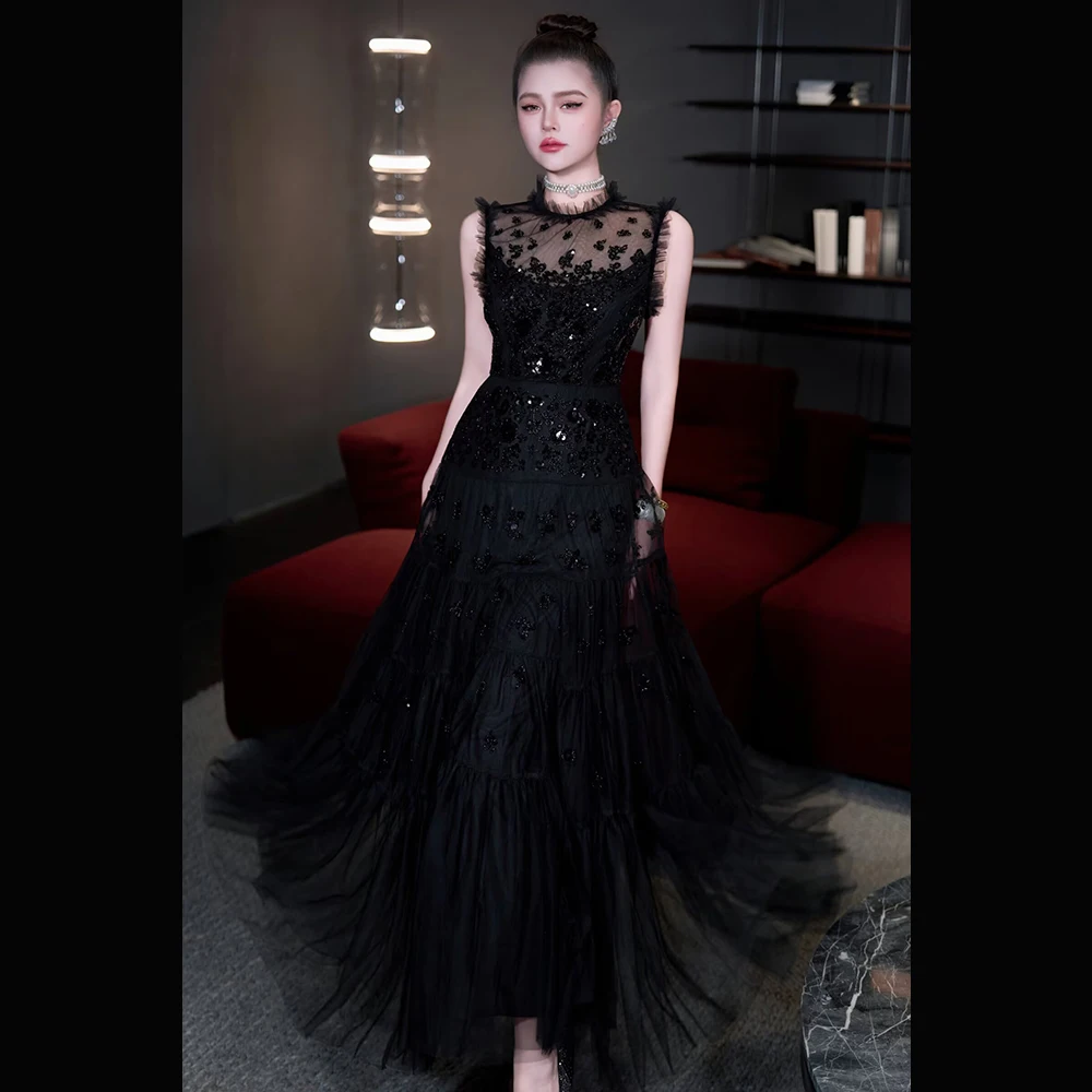 Meyyithun Vestido de mujer de malla con lentejuelas plisado Línea A cuello redondo Vestidos largos Ocasión a medida Estilo moderno Vestidos de fiesta sin mangas