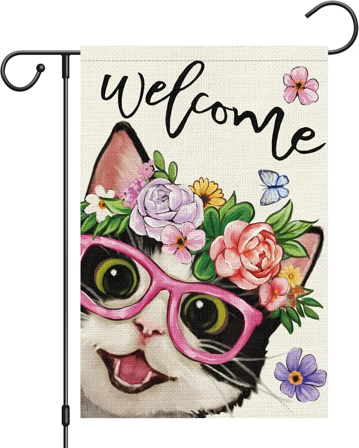 Heyfibro Welcome Spring Summer Garden Flag 12x18 Inch Double Sided Burlap, Cute Cat Flower Butterfly Garden Flags for Season KKW