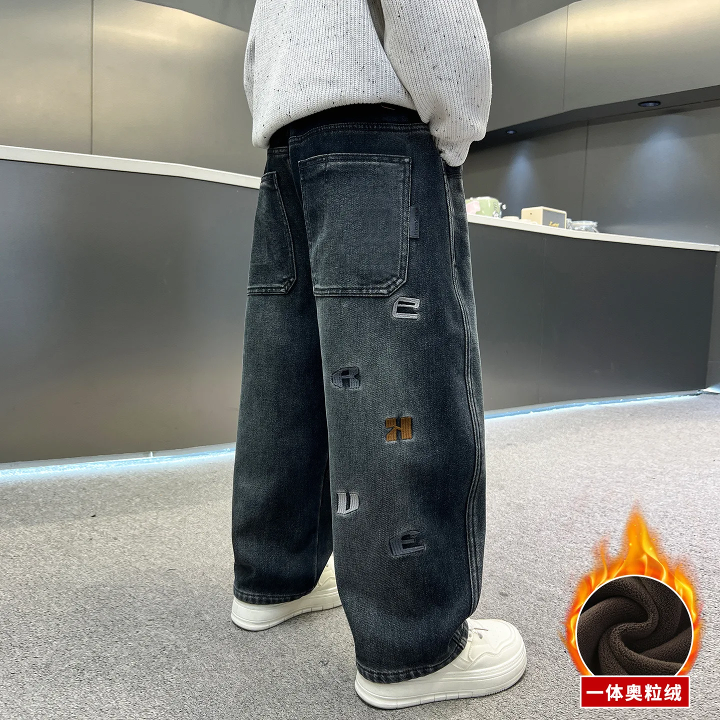 Teen Boys Washed Denim Pants Fleece Lined Letter Embroidery Big Pocket Loose Wide Leg Jeans Thick Warm Hip Hop Streetwear 4-14Y